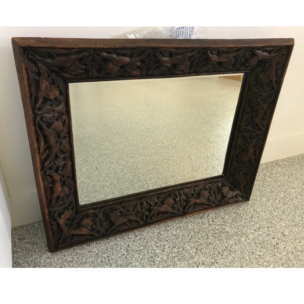 INDONESIAN WOOD HAND-CARVED CAT/LION MIRROR